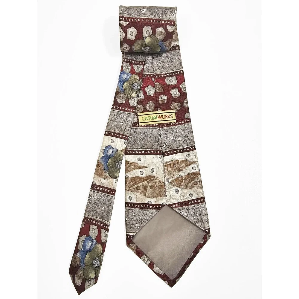 Casual Works Floral Maron Gray Vintage Men's Silk Tie 80s 90s